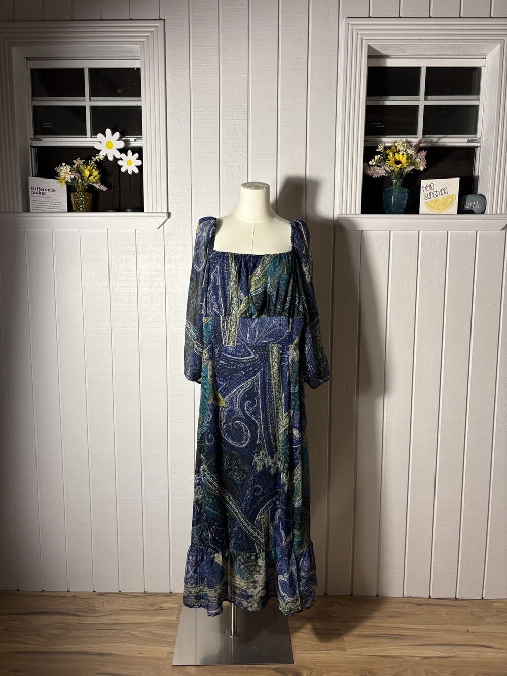 NWT London Times 18W Blue Teal Paisley Midi Dress Square Neck Bobo Wedding